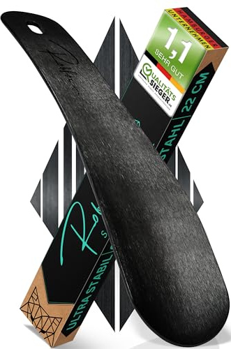 Robfox 22 cm Schuhlöffel klein - extra stabil - Reise Schuhanzieher | Schwarz gebürsteter Edelstahl - kompakter Reise-Schuhlöffel & Schuhanzieher für Koffer, Handtasche, unterwegs