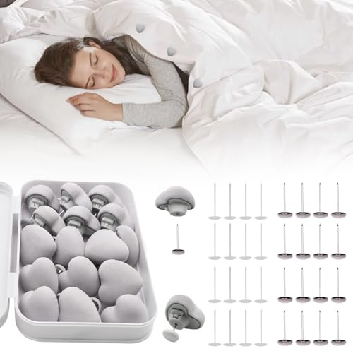 MQUPIN Quilt Fixing Clips,16 Pcs Duvet Cover Clips,Mushroom Round Fixing Clips with Buttons,Bedroom Duvet Fixing Holder Quilt Cover Pins with Box(Grey)