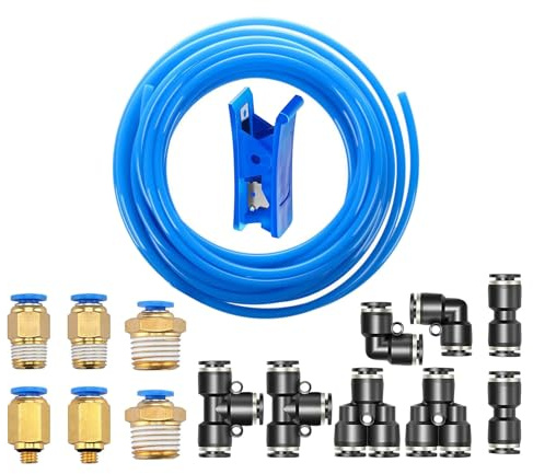 HUAZIZ 10 meter PU pneumatisk polyuretanslang, flexibel tryckluftsslang blå, utanför 6 mm x inuti 4 mm med 14 stycken svarta pneumatiska kontakter (Y/T/L/I formad)