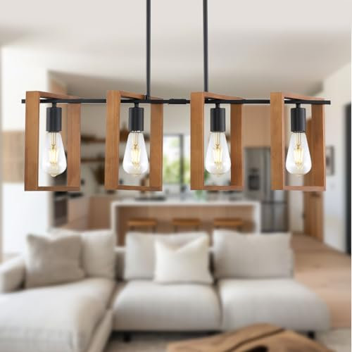 9MMML Insellicht mit 4 Lichtern für Küche, Bauernhaus industrielle rechteckige Pendelleuchte, Vintage-Kronleuchter mit schwarzem Körper+Holzrahmen Esszimmer und Wohnzimmer Billardtisch Korridor