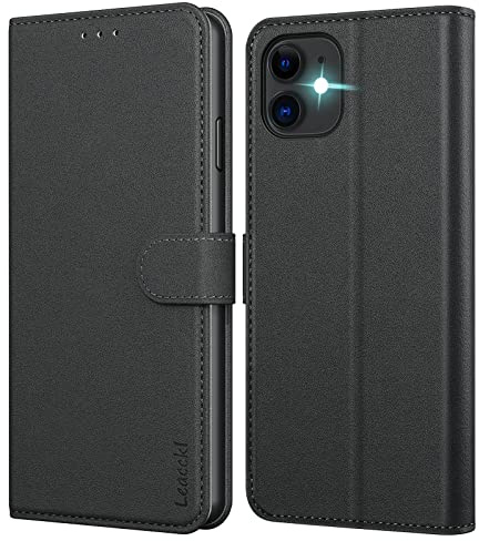 Leacckl Handyhülle für iPhone 11 Hülle, Premium PU Leder Brieftasche Stoßfeste [Kartenfächern] Schutzhülle Klapphülle Flip Case, Schwarz