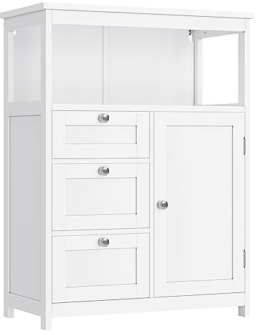 VASAGLE Meuble de Salle de Bain, Meuble de Rangement, Commode, Placard, Armoire, avec Étagères Réglables, 3 Tiroirs, 30 x 60 x 80 cm, Blanc BBC542P31V1