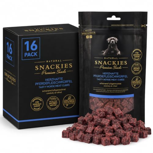 SNACKIES 16er-Pack (à 170g) Hundeleckerli Pferdefleischwürfel Premium Snacks für Hunde ohne Zusatz von Getreide, Zucker, Farb-, Aroma- und Konservierungsstoffe, luftgetrocknete Leckerli