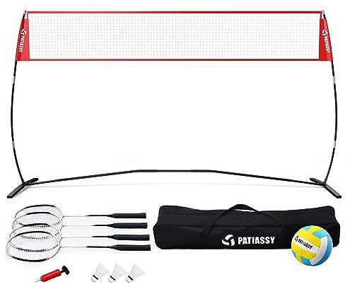 Patiassy Freistehendes Volleyball-Übungsnetz für den Innen- und Außenbereich, höhenverstellbar, tragbar, Volleyball-Trainingsset für Hinterhofauffahrt (Rot mit Volleyball und Badminton)