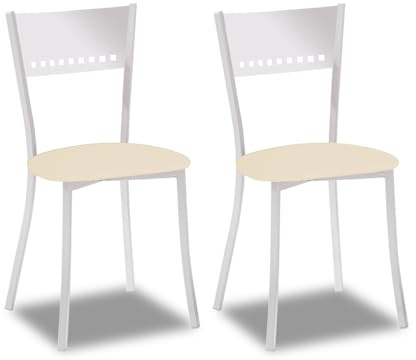 2 Sillas metálicas con Respaldo de Escalera y Asiento tapizado - Estructura Color Blanca - Asiento en Polipiel beig