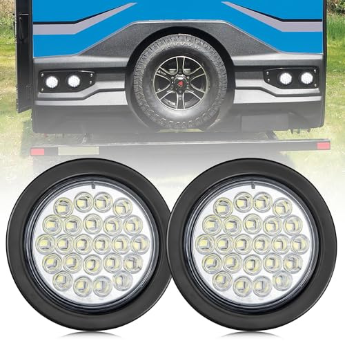 Oyviny 24LEDs Super Bright 4 Inch Round Reverse Back Up Trailer Lights 2PCS, 4 Round White LED Trailer Tail Light w/Surface Mount Grommet IP65 Waterproof 12V DC for Trailer, Bus, Trucks, Campers