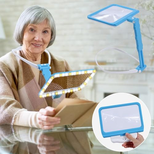 Lupe mit Licht und Ständer zum Umhängen, 5X Rechteckig Lupenbrille 48 Led Lights USB Leselupe für Senioren Groß, Vergrößerungsglas bei Sehschwäche für Das Lesen, Basteln