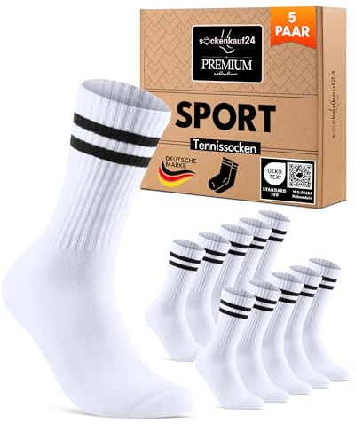 Socken Herren Sportsocken Weiß 43-46 Tennissocken Gepolstert Atmungsaktive Baumwolle 5 Paar Retro Crew-Socken
