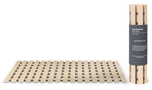 NativeSkins Faux Bamboo Shower Mat (Beige), Non-Slip Safety Lining, Waterproof, Quick-Drying, Eco-Style Slatted Bath Mat for Spa, Sauna - Large 16.9 x 30.7 in