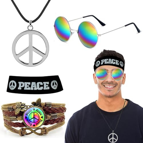 NebulaGlam Hippie Kostüm Set, Hippie Kleidung Herren Accessoires, 60er 70er Jahre Bekleidung, Friedenszeichen Halsketten, Kopfbedeckungen, Brillen, Armbänder