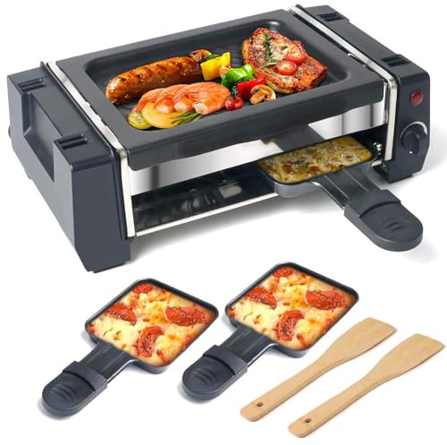 Parrilla Raclette, Plancha Eléctrica 2 en 1 Parrilla Eléctrica Interior con 2 Sartenes para Queso Raclette y 2 Espátulas de Madera, Control de Temperatura Antiadherente de 500W Parrilla Eléctrica