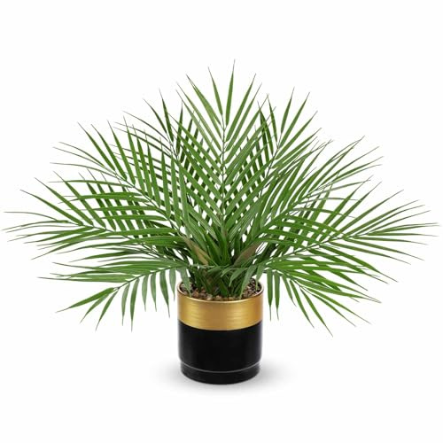 Artificial Palm Plant in Gold Metal Pots, Decorative Faux Indoor Plant | 40cm Realistic Fake Greenery for Home Office Shelf Table Desk Bathroom Living Room Decor