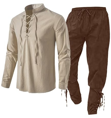 LinRim Traje azul para hombre, juego de ropa para hombre con camisa de lino, camisa medieval para hombre, pantalones medievales con correa en el tobillo, traje impermeable para hombre, caqui, S