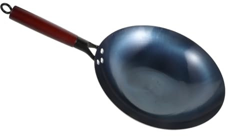 BEBEMOKO Sartén Wok De Hierro Fundido 30 Cm Con Fondo Redondo y Mango De Madera, Sartén Wok Antiadherente Tradicional Para Cocina Doméstica, Compatible Con Estufa De Gas, Uso Interiores y Exteriores