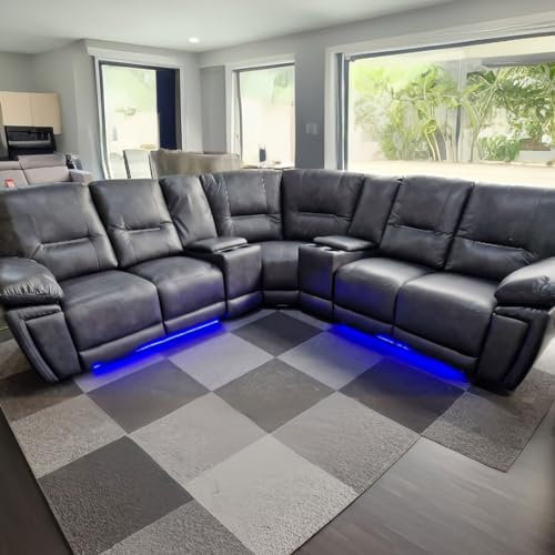 Canapé d'angle inclinable électrique avec porte-gobelets, lumières LED, ports de charge USB, cuir gris, canapé d'angle en cuir Sara