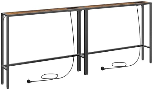 MAHANCRIS Konsolentisch mit Ladestation, 2er Set, 200 cm Eingangstisch, Schmaler Beistelltisch, Flurtisch mit Steckdosen und USB-Anschlüssen, für Wohnzimmer, Vintagebraun und Schwarz ACTHR968UE01S2
