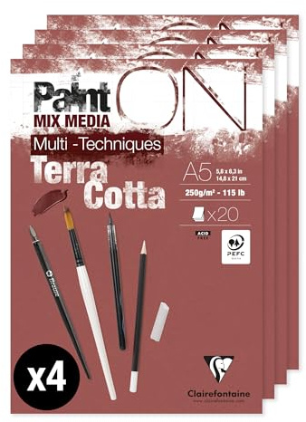 Clairefontaine 976152Cpack - Packung 4 Zeichenblock / Malblock PaintON Terracotta, DIN A5, kopfseitig geleimt, 20 Blatt 250g, 4 Stück