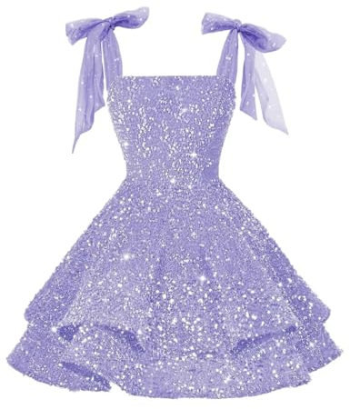 RSOETOO RO257 Robes de soirée à paillettes scintillantes 2026 avec nœud à volants Robe de bal courte Robe de cocktail, lilas, 32