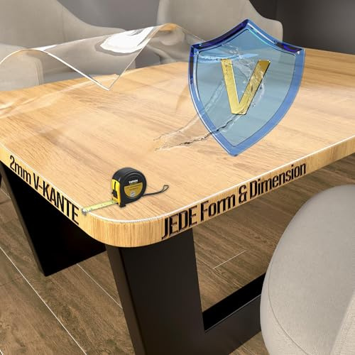 Tischfolie Transparent nach Maß 2 mm | Rund Eckig Oval | bis 400x180 cm | Abgerundete Ecken Kreis Oval | Tischschutzfolie Lebensmittelecht & BPA-frei | Glasklar und Matt | V-Kante 45° | Abwaschbar