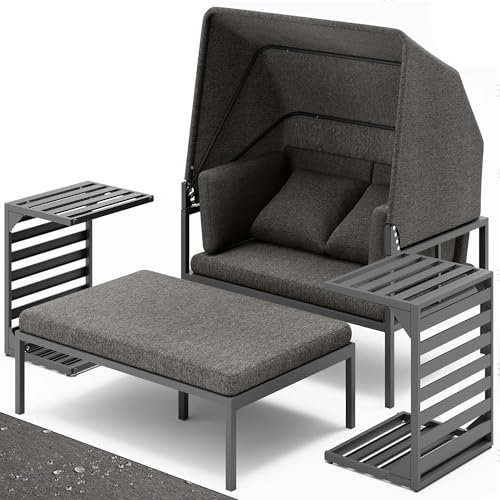 Melko Strandkorb inkl. Sonnendach Aluminium Sonneninsel Gartenmöbel Set mit 2 Beistelltischen | wetterfest und rostfrei | extra Dicke Wasserabweisende Kissen