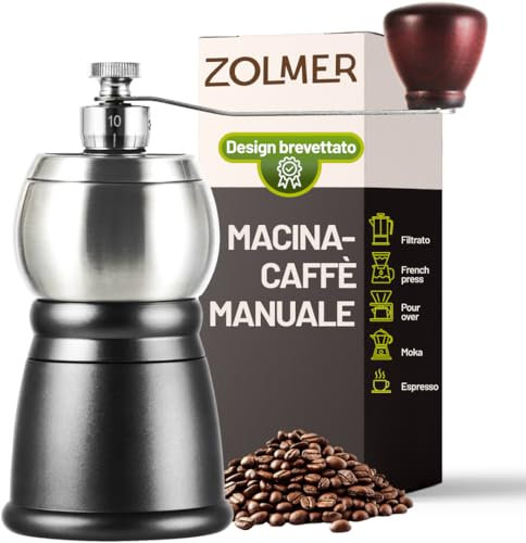 Zolmer Kaffeemühle Manuell – Handkaffeemühle mit Edelstahlmahlwerk, Einstellbare Mahlgrade für Espresso, Filterkaffee & Moka – Kompakte und Robuste Manual Coffee Grinder