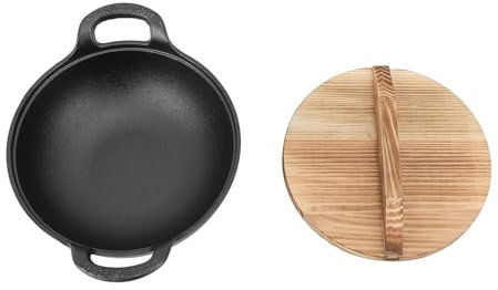 HERCHR WOK en fonte non bâton pour sauté, grillade, friture, casserole avec un couvercle en bois à 2 poignées, base plate non revêtue de poêle chinoise profonde pour la cuisine chinoise (25 cm)