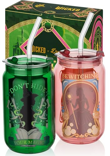Dragon Glassware x Wicked Glass Cups with Straw, 16 oz Set of 2 - Enchanted | Drinking Glasses with Lids & Straws; Glass Tumblers for Hot & Cold Drinks; Official Wicked Merch