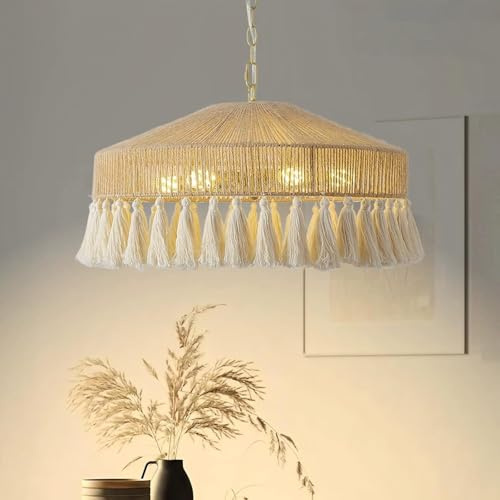 VTAMng Suspension Luminaire en rotin lumières Boho Grand Lustre Wabi-Sabi Lampe Suspendue avec Franges Lustre Luminaires pour Salon Salle à Manger Cuisine Chambre Pépinière Chambre de Filles(30cm)