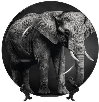 WLKSNBVD Assiette décorative en porcelaine anglaise de 17,8 cm, assiettes à dîner en céramique motif éléphant noir et blanc avec support de présentation, assiettes en porcelaine pour la maison, le