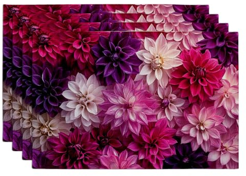 Set di 4 tovagliette decorative con dalie floreali, colore viola vibrante, per cene primaverili ed estive, antiscivolo, lavabili, per interni ed esterni, set da 4