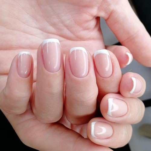 French Tip False Nails - Short Press on Nails Square - 24Pcs Short False Nails with Glue - Natural Nude Glossy French Tip Nails Stick on Nails for Women Girls Full Cover Long Lasting