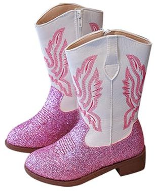 Nlaayong Bottes Western Cowgirl Cowboy pour Filles, Chaussures d'équitation mi-Mollet pour Petit Enfant/Grand Enfant