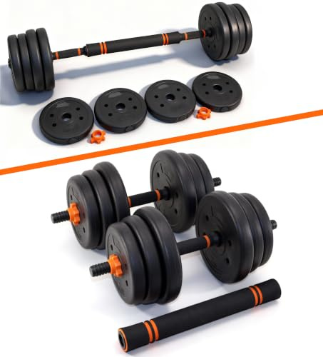 QMBasic 2in1 Hantel-Set verstellbar Langhantel bis 20 kg oder 2x Kurzhantel bis 10 kg bodenschonende Gewichte 1,25 kg, 1,5 kg, 2 kg Hantelstange Krafttraining
