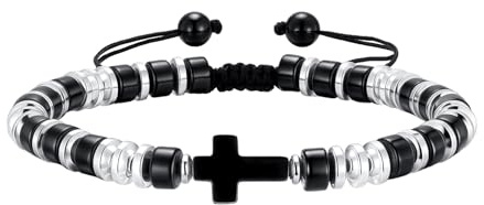 Bracelet en forme de croix pour homme - Bracelet de perles en acier inoxydable argenté et noir avec croix - Pâques, Noël, baptême chrétien, confirmation, cadeau d'anniversaire pour hommes et garçons
