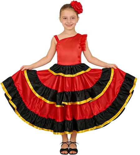 LOLANTA 3-delad flamenco-klänning för flickor med volanger och stegkjol, spansk Sevillana-dansdräkt, med röd blomma och fack, 5–13 år, 360 grader, 10-11 år