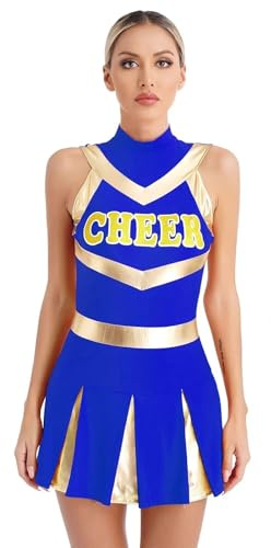 CNYUON Glänsande cheerleading-uniform för kvinnor, cheer dansklänning, kostym, veckad tryckt klänning, ungdomliga, sexiga skolflickor-fyrkläder med tillbehör (blå, S)