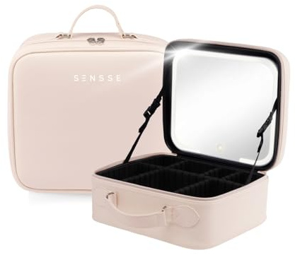 SENSSE Glow Up Case LED Makeup Travel Case with Mirror – Cosmetic Organizer with Adjustable Light, 3 Lighting Modes, Touch Dimmable HD Mirror, Rechargeable 2000mAh Battery & Adjustable Compartments