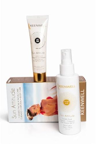 Keenwell Pack Solar SPF 50 SUN ATTITUDE | Crema Solar Facial 50 Antiedad + After Sun Facial y Corporal | Protector Solar Facial 50 Alta Protección | 50ml + 150ml