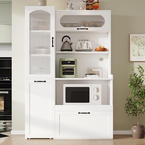 Merax Küchenschrank, Highboard mit Arbeitsplatte, Küchenbuffe mit Ausziehbaren Regalböden, Offenen Ablagefächer und Riffelglas, Buffetschrank für Wohnzimmer, Küche, Esszimmer, 98×40×177cm (Weiß)