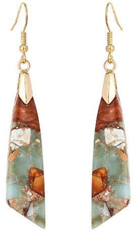 Natural Agalmatolite Stone Dangle Earth Brown Earrings for Women, Boho Geometric Gold Hook Drop Earrings, Hypoallergenic Jewelry Gift for Daily Wear & Bohemian Occasions