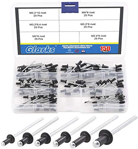 Glarks Kit di 150 rivetti ciechi neri in 6 dimensioni, M2.4 M3.0 M3.2 M4 in alluminio per lamiera, settore automobilistico, ferroviario e mobili
