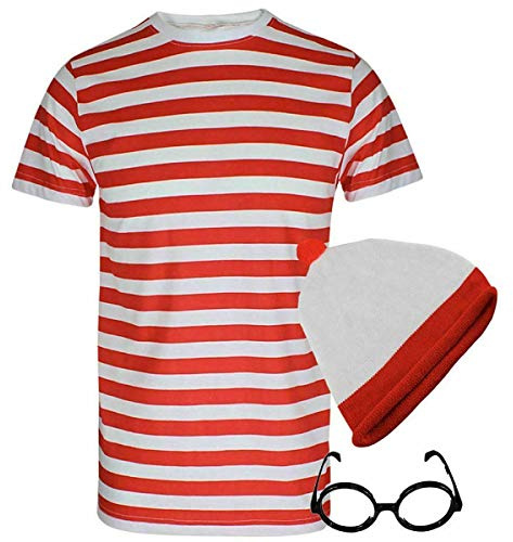 Fairy Trendz - Juego de 3 piezas para hombre y mujer, diseño de rayas rojas y blancas, color rojo y blanco, Conjunto de gafas de camiseta para hombre y mujer, Large