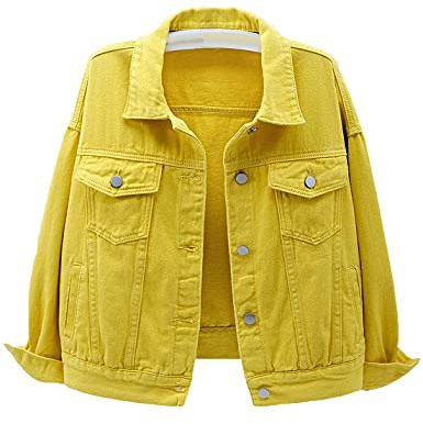 COWOKA Women's Denim Cotton Button Closed Long Sleeve Solid Color Jacket With Pockets Yellow XL