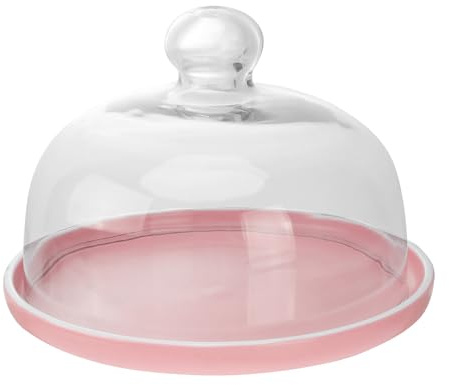 Happyyami Tortenständer mit Kuppelabdeckung, runder Kuchenplatte mit Glasabdeckung, Keramik-Brotanzeige, durchsichtig, Käseglocke, Desserttablett, Cupcake-Halter, Rosa