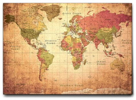 Giallobus - Quadro - Mappa del mondo antica - Tela Canvas Telaio Standard - 50L x 35l cm - Pronto da appendere - Quadri moderni per la casa