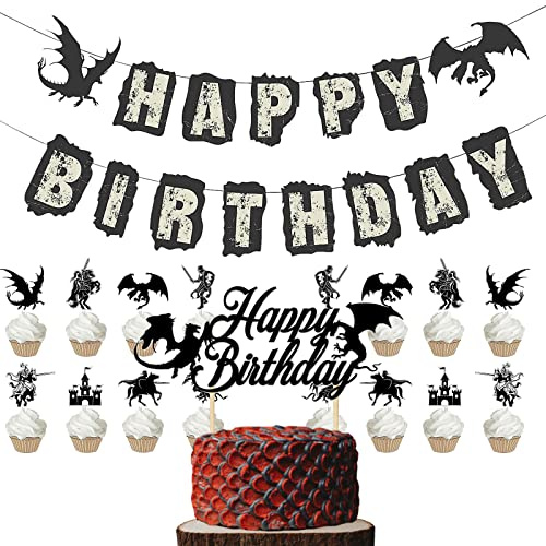 Geburtstagsdeko Ninja Dragons Geburtstag Deko Ritter Kindergeburtstag Drachen Kuchendeko Dragoner Cake Toppers HAPPY BIRTHDAY Banner Fantasy Party Geburtstag Jungen Dekoration Schwarz