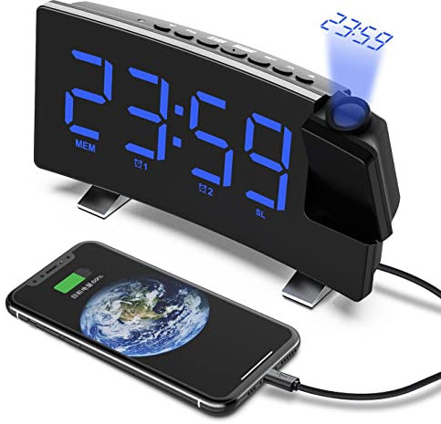 MJZYP Scientific Sveglia Proiezione Sveglia, Sveglia a Proiezione Digitale a LED Colorati, con Proiettore Radio FM e Funzione Snooze 4 Dimmer Doppio Allarme USB Orologio Digitale