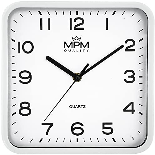 MPM Quality Design Kunstoff Wanduhr, Quadratisch, arabische Ziffern, Weiß, Quarz-Uhrwerk Sweep, 220 x 40 mm, Classic Modern, Analog Wand Uhr, Wanddeko, Dekoration für Wohnzimmer, Küche, Büro