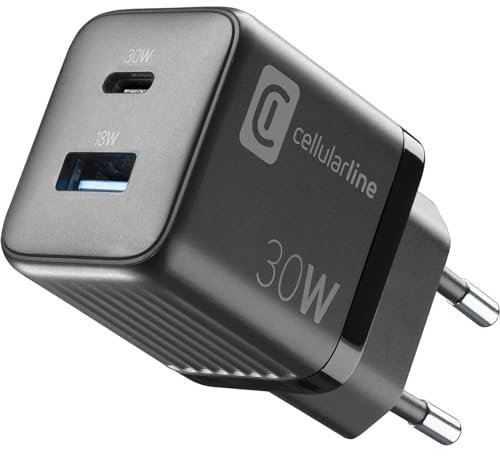 Cellularline | Cargador de Red Multipower Micro | Super Fast Charger 30W con 2 Puertos USB-C - Equipado con tecnología GAN - Compatible con Smartphone, iPhone, Tablet, iPad y MacBook