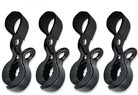 Babies1st Kinderwagen Klammer mit Klettband, Clip zur Befestigung von Spielzeug, Abdeckung, Sonnenschutz am Kinderwagen, Buggy, Babyschale, 4er Pack Matt Schwarz